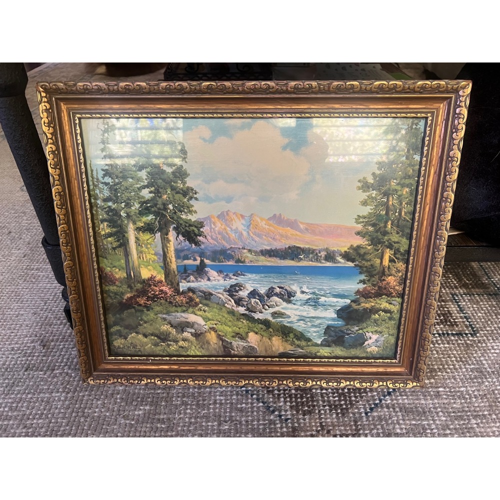 Robert Wood Vintage Landscape Lithograph Gilt Framed Mountain Coast Art